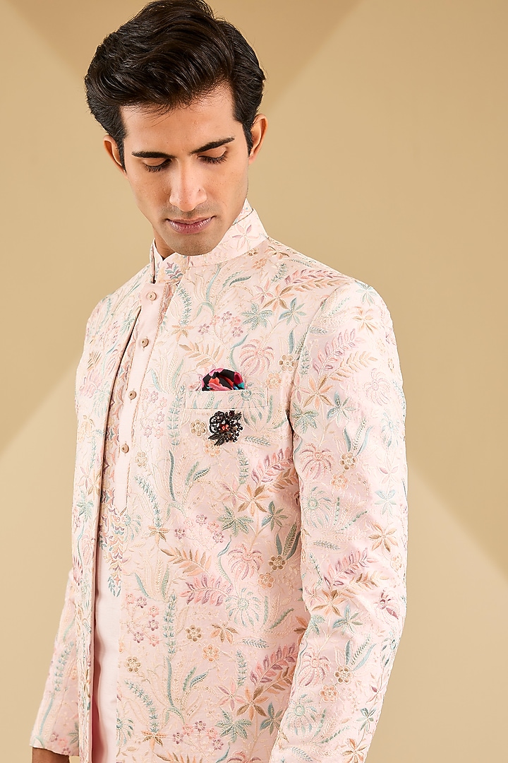 Light Pink Jacquard Silk Thread Embroidered Wedding Indowestern Set by Zoop Men at Pernia's Pop Up Shop