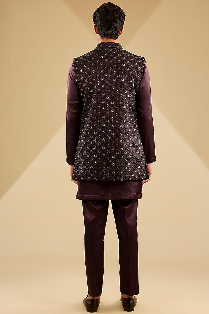 Maroon Jacquard Silk Thread Embroidered Indowestern Set by Zoop Men at Pernia's Pop Up Shop