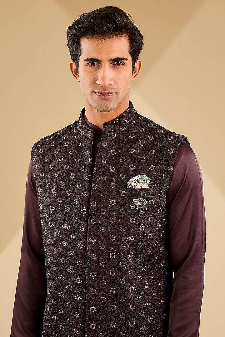 Maroon Jacquard Silk Thread Embroidered Indowestern Set by Zoop Men at Pernia's Pop Up Shop