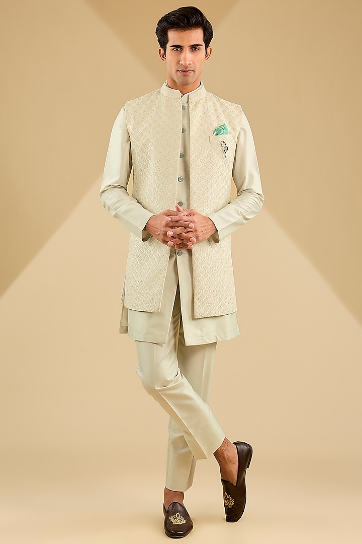 Firozi Green Jacquard Silk Thread Embroidered Indowestern Set by Zoop Men