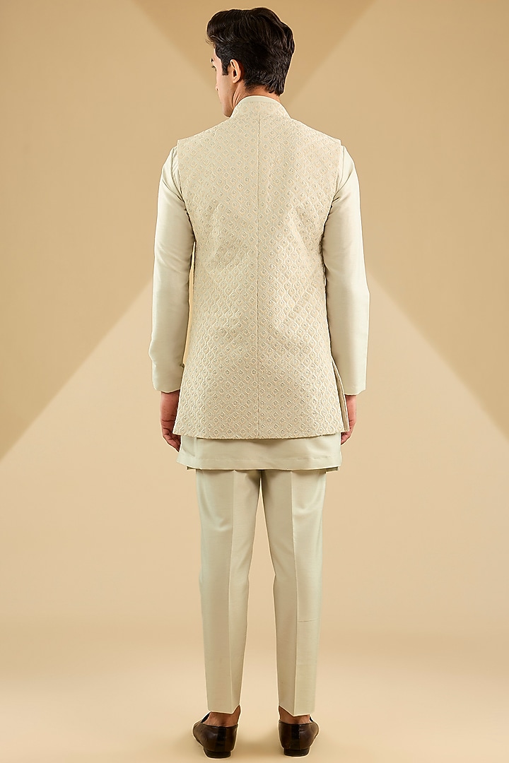 Firozi Green Jacquard Silk Thread Embroidered Indowestern Set by Zoop Men at Pernia's Pop Up Shop
