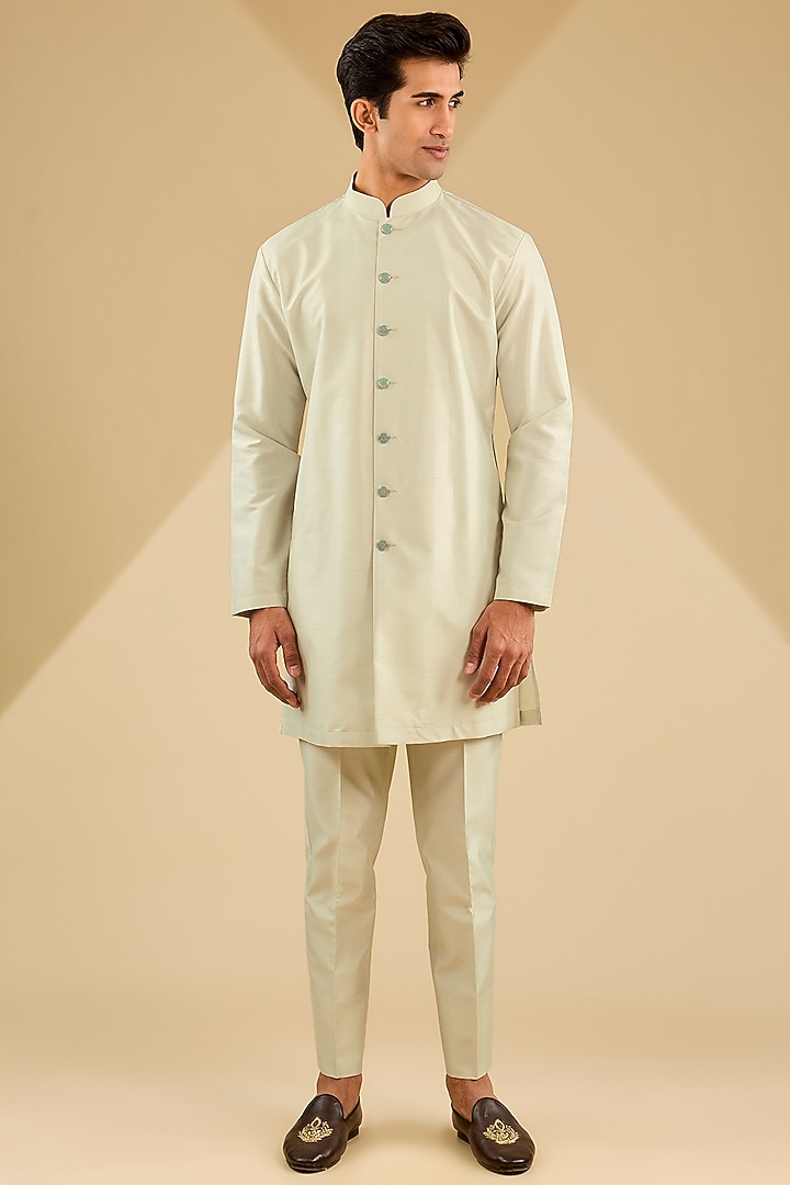 Firozi Green Jacquard Silk Thread Embroidered Indowestern Set by Zoop Men at Pernia's Pop Up Shop