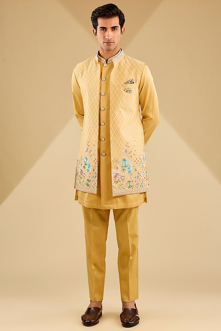 Yellow Jacquard Silk Thread Embroidered Indowestern Set by Zoop Men