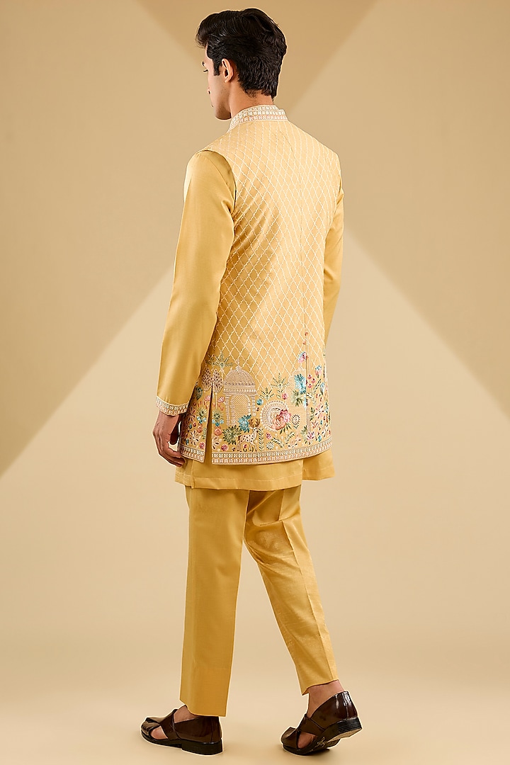 Yellow Jacquard Silk Thread Embroidered Wedding Indowestern Set by Zoop Men at Pernia's Pop Up Shop