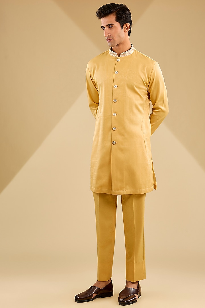 Yellow Jacquard Silk Thread Embroidered Wedding Indowestern Set by Zoop Men at Pernia's Pop Up Shop