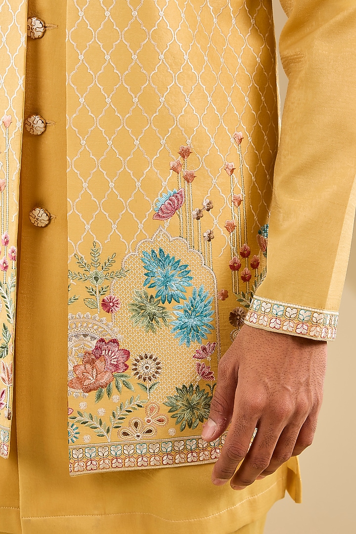 Yellow Jacquard Silk Thread Embroidered Wedding Indowestern Set by Zoop Men at Pernia's Pop Up Shop
