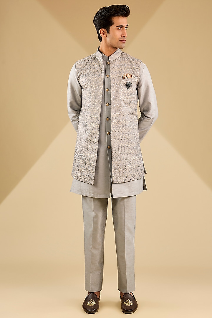 Steel Grey Jacquard Silk Thread Embroidered Indowestern Set by Zoop Men