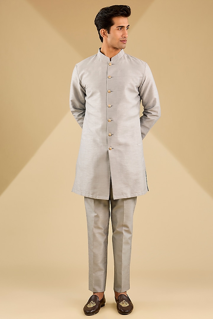 Steel Grey Jacquard Silk Thread Embroidered Indowestern Set by Zoop Men at Pernia's Pop Up Shop
