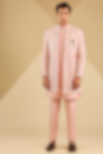 Pink Jacquard Silk Thread Embroidered Indowestern Set by Zoop Men