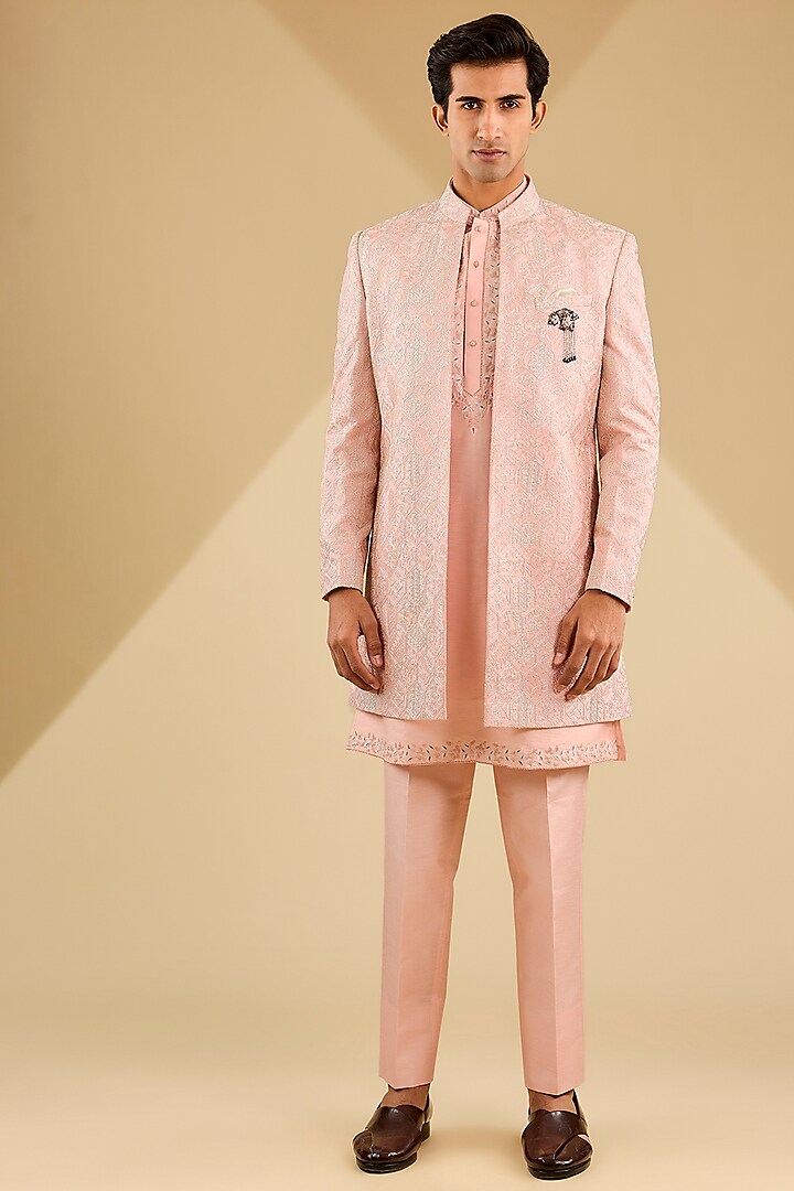 Pink Jacquard Silk Thread Embroidered Indowestern Set by Zoop Men