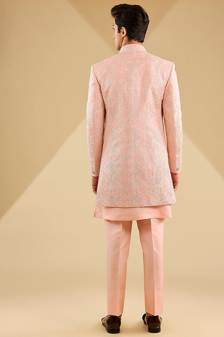 Pink Jacquard Silk Thread Embroidered Wedding Indowestern Set by Zoop Men at Pernia's Pop Up Shop