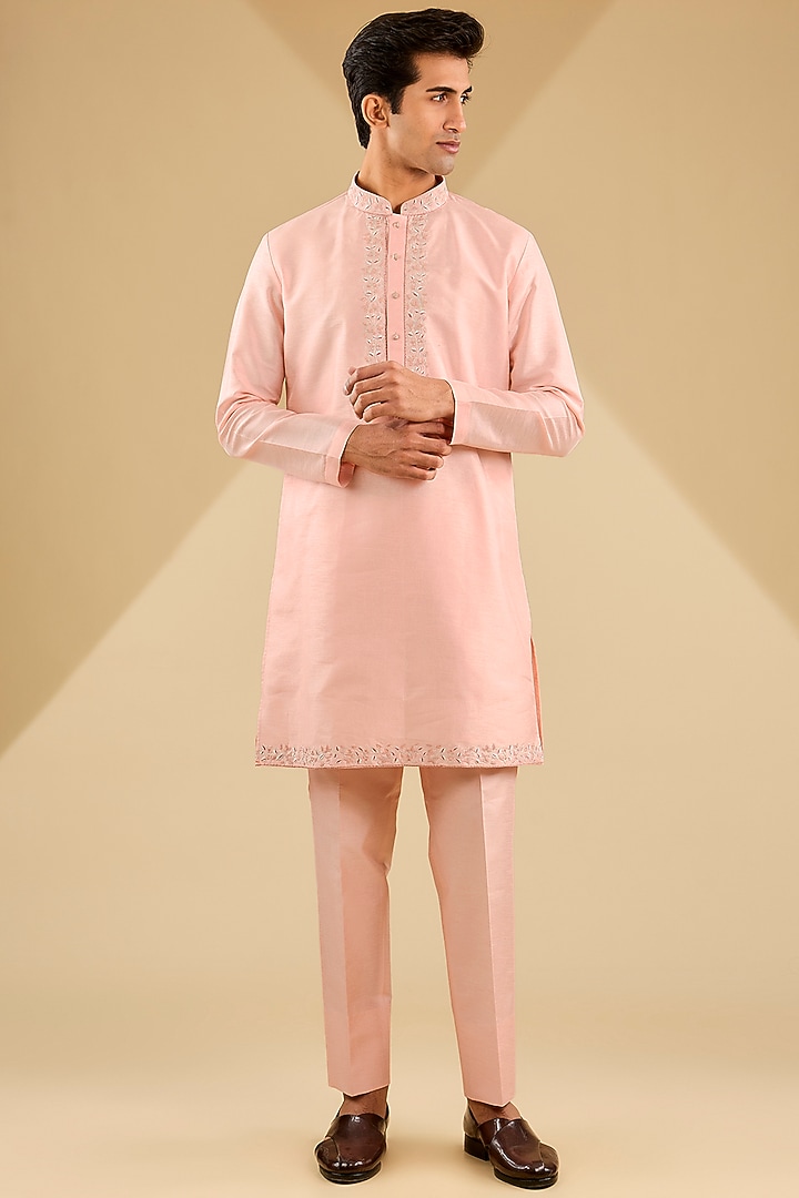 Pink Jacquard Silk Thread Embroidered Wedding Indowestern Set by Zoop Men at Pernia's Pop Up Shop