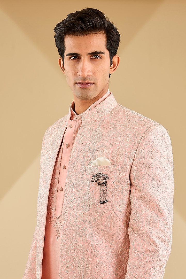 Pink Jacquard Silk Thread Embroidered Wedding Indowestern Set by Zoop Men at Pernia's Pop Up Shop