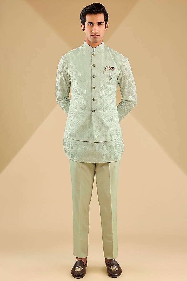 Aqua Blue Cotton Silk Thread Embroidered Bundi Set by Zoop Men at Pernia's Pop Up Shop