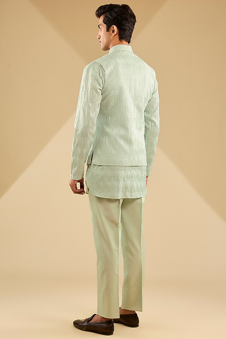 Aqua Blue Cotton Silk Thread Embroidered Bundi Set by Zoop Men at Pernia's Pop Up Shop