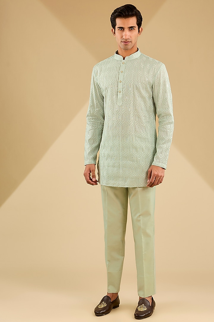Aqua Blue Cotton Silk Thread Embroidered Bundi Set by Zoop Men at Pernia's Pop Up Shop