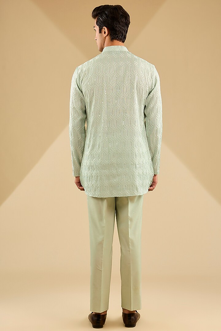 Aqua Blue Cotton Silk Thread Embroidered Bundi Set by Zoop Men at Pernia's Pop Up Shop