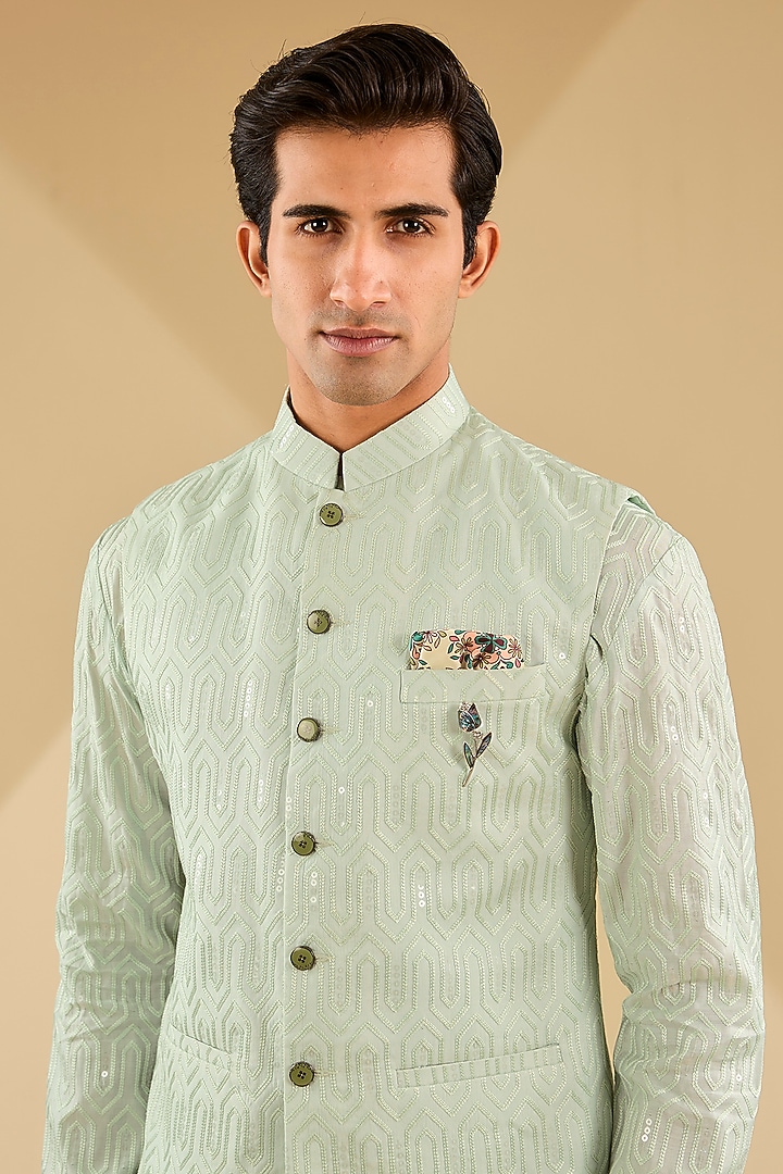 Aqua Blue Cotton Silk Thread Embroidered Bundi Set by Zoop Men at Pernia's Pop Up Shop