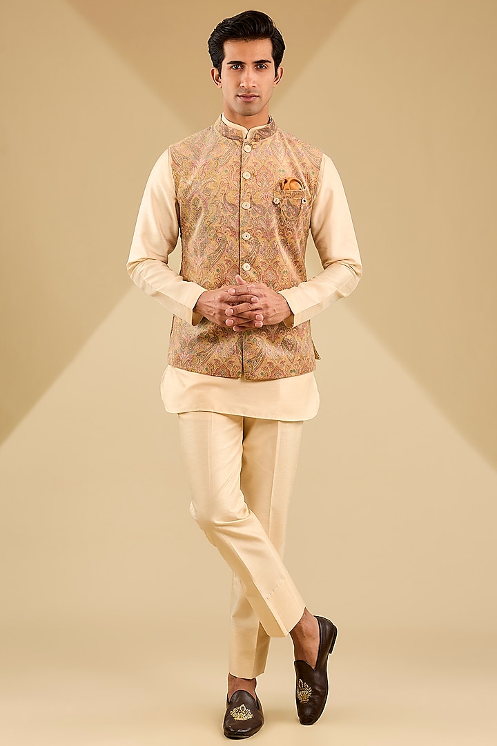 Fawn Cotton Velvet Printed Bundi Jacket Set by Zoop Men
