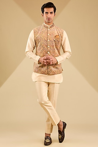 Fawn Cotton Velvet Printed Bundi Jacket Set by Zoop Men