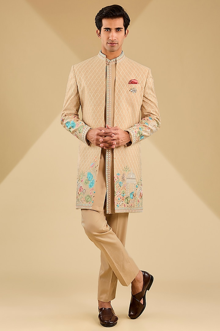 Beige Jacquard Silk Thread Embroidered Indowestern Set by Zoop Men