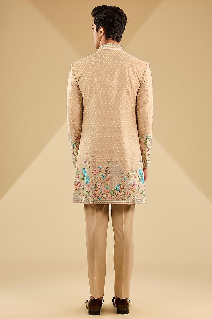 Beige Jacquard Silk Thread Embroidered Wedding Indowestern Set by Zoop Men at Pernia's Pop Up Shop
