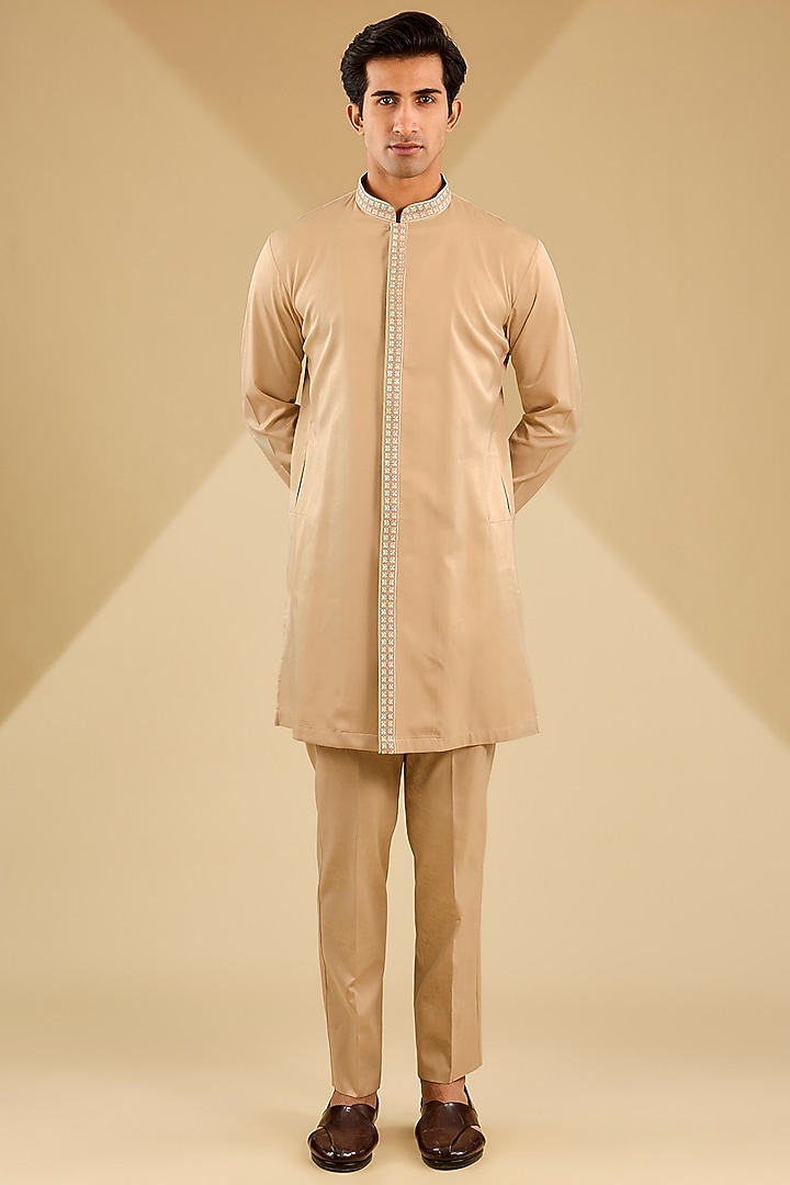 Beige Jacquard Silk Thread Embroidered Wedding Indowestern Set by Zoop Men at Pernia's Pop Up Shop
