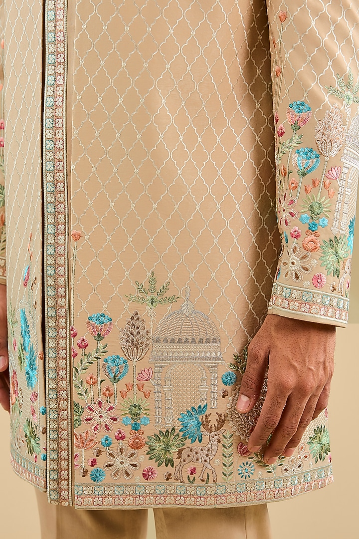 Beige Jacquard Silk Thread Embroidered Wedding Indowestern Set by Zoop Men at Pernia's Pop Up Shop