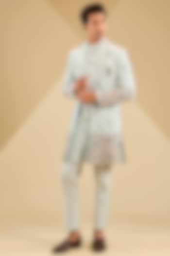 Aqua Blue Cotton Velvet Hand Embroidered Wedding Indowestern Set by Zoop Men at Pernia's Pop Up Shop