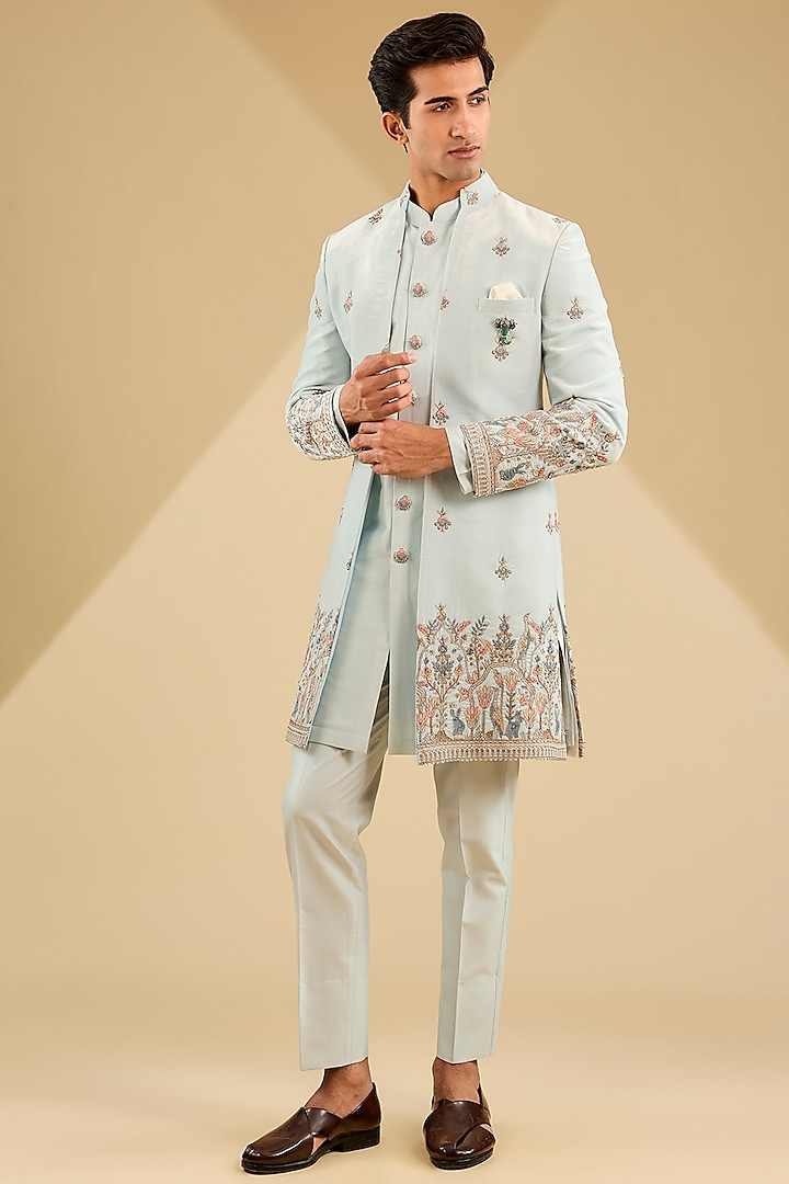 Aqua Blue Cotton Velvet Hand Embroidered Wedding Indowestern Set by Zoop Men at Pernia's Pop Up Shop