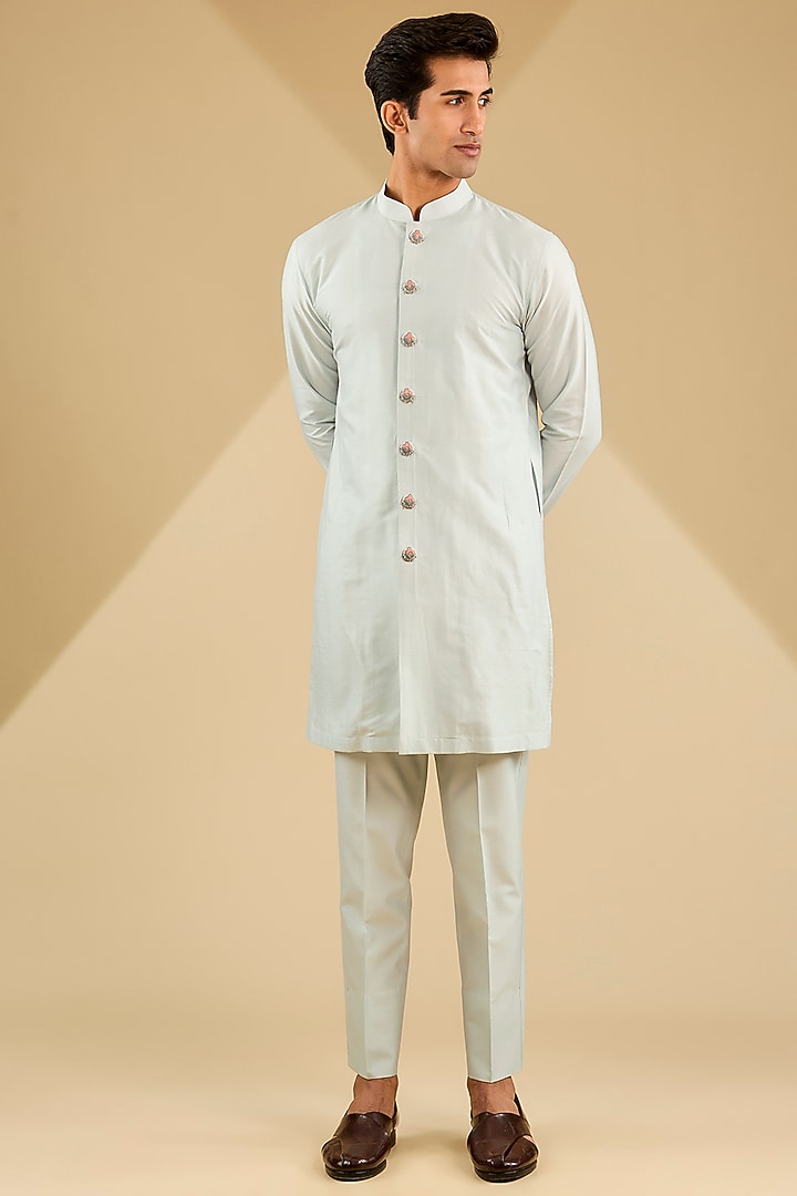 Aqua Blue Cotton Velvet Hand Embroidered Wedding Indowestern Set by Zoop Men at Pernia's Pop Up Shop