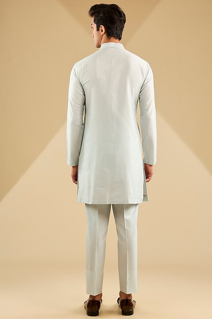 Aqua Blue Cotton Velvet Hand Embroidered Wedding Indowestern Set by Zoop Men at Pernia's Pop Up Shop