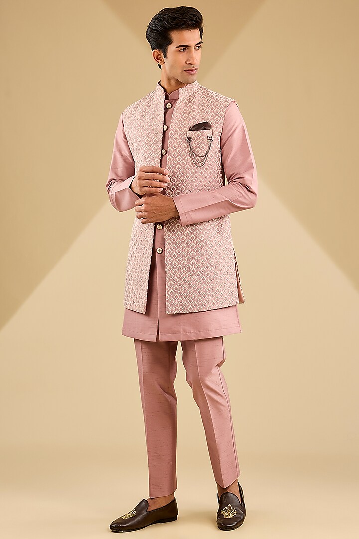 Onion Pink Jacquard Silk Thread Embroidered Indowestern Set by Zoop Men