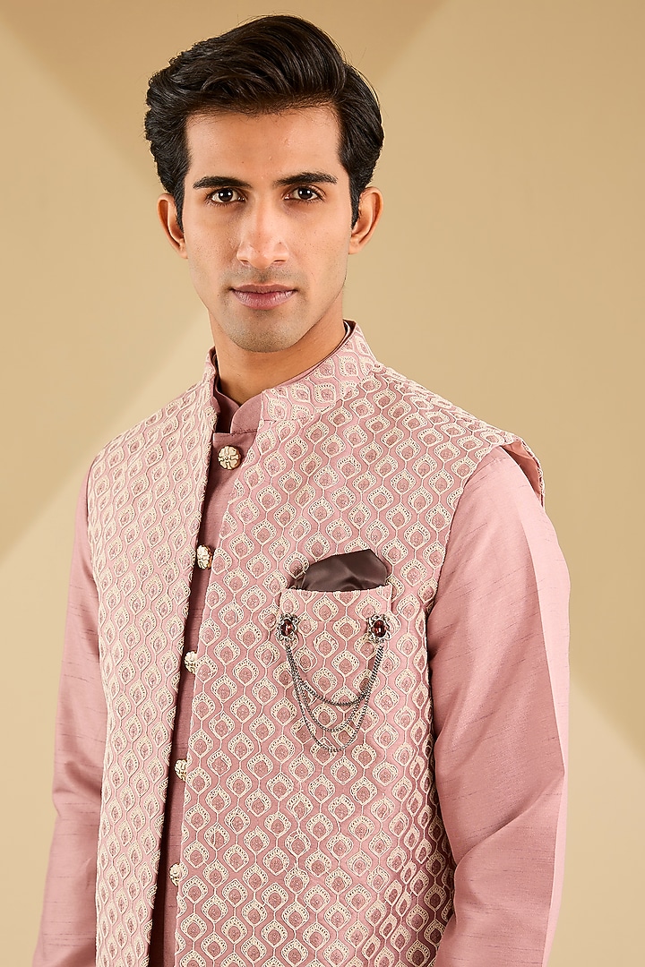 Onion Pink Jacquard Silk Thread Embroidered Indowestern Set by Zoop Men at Pernia's Pop Up Shop