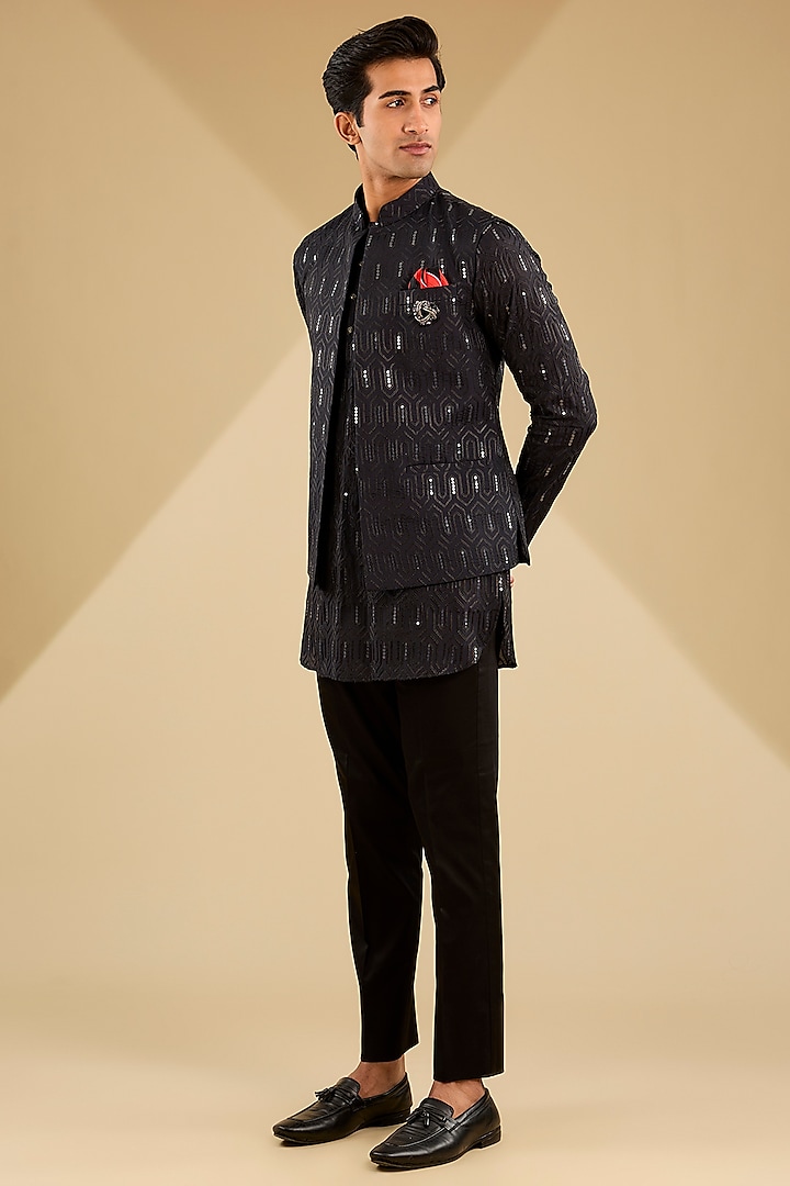 Navy Blue Cotton Silk Thread Embroidered Indowestern Set by Zoop Men