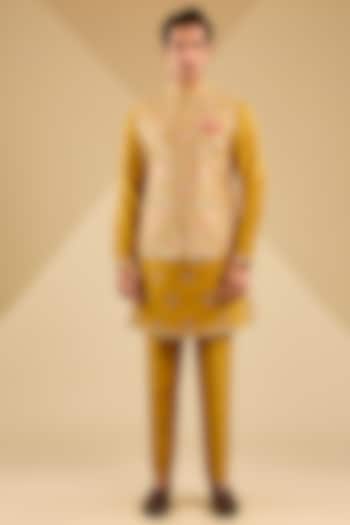 Mustard Yellow Jacquard Silk Resham Embroidered Bundi Set by Zoop Men