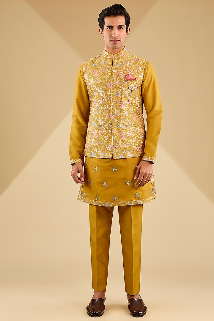 Mustard Yellow Jacquard Silk Resham Embroidered Bundi Set by Zoop Men