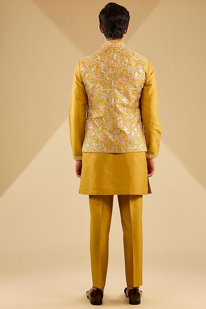 Mustard Yellow Jacquard Silk Resham Embroidered Bundi Set by Zoop Men at Pernia's Pop Up Shop
