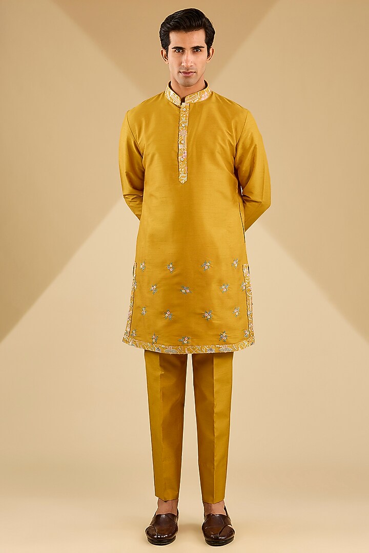Mustard Yellow Jacquard Silk Resham Embroidered Bundi Set by Zoop Men at Pernia's Pop Up Shop