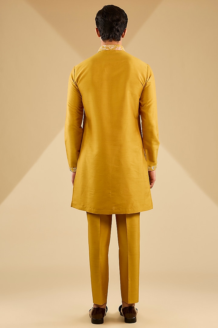 Mustard Yellow Jacquard Silk Resham Embroidered Bundi Set by Zoop Men at Pernia's Pop Up Shop