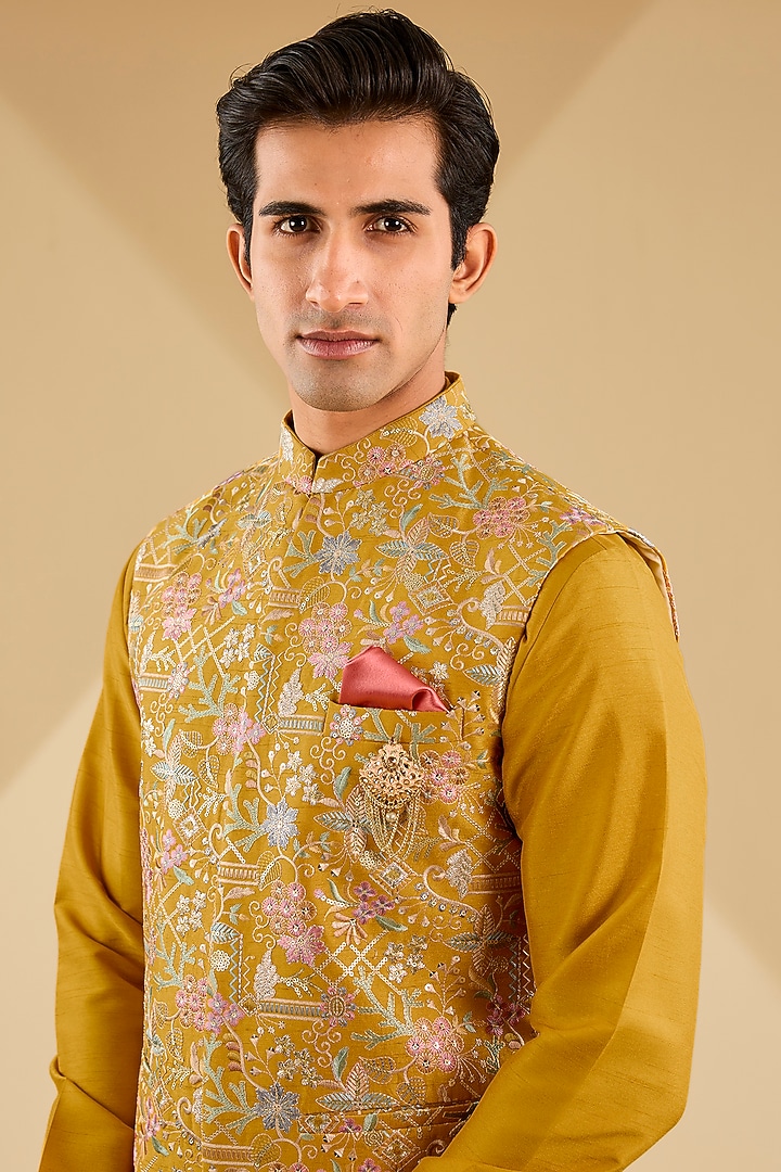 Mustard Yellow Jacquard Silk Resham Embroidered Bundi Set by Zoop Men at Pernia's Pop Up Shop