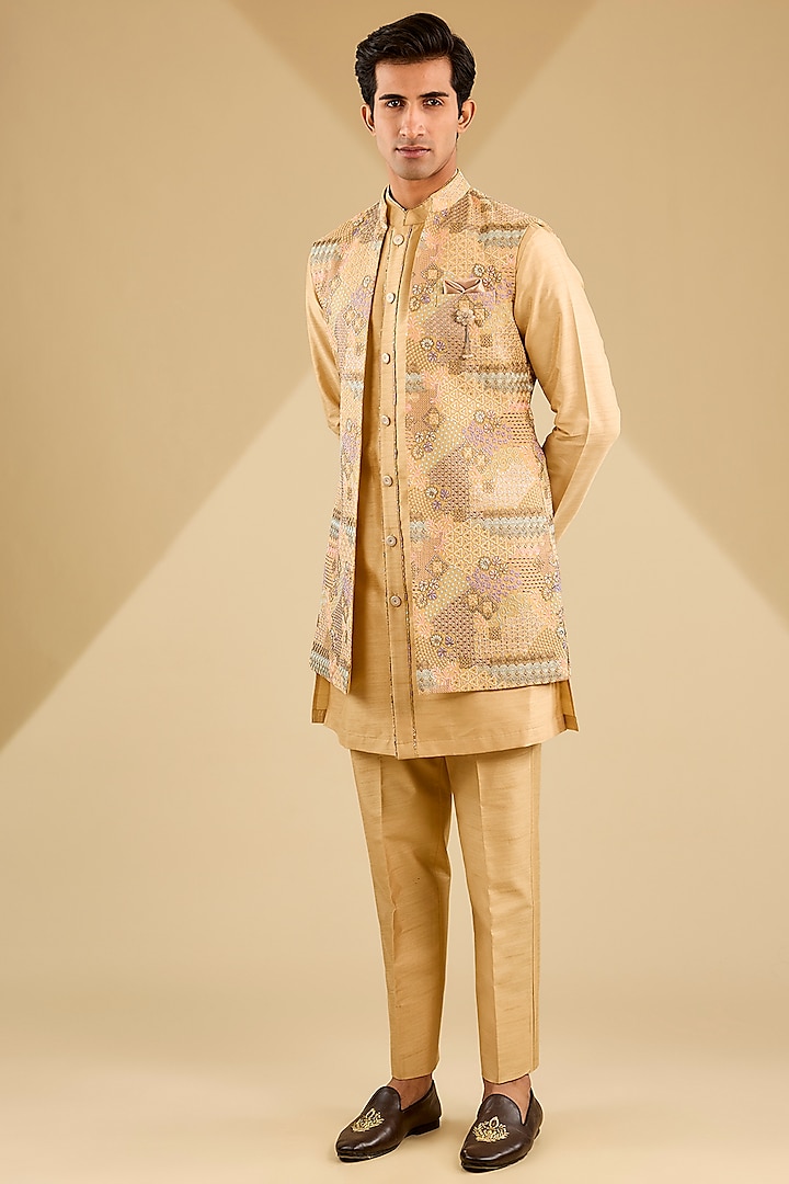 Yellow Jacquard Silk Sequins Embroidered Indowestern Set by Zoop Men