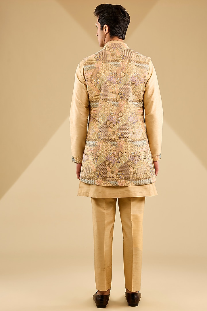Yellow Jacquard Silk Sequins Embroidered Wedding Indowestern Set by Zoop Men at Pernia's Pop Up Shop