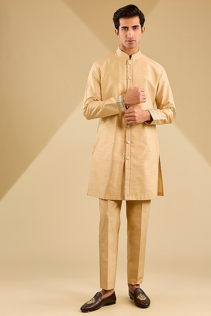 Yellow Jacquard Silk Sequins Embroidered Wedding Indowestern Set by Zoop Men at Pernia's Pop Up Shop