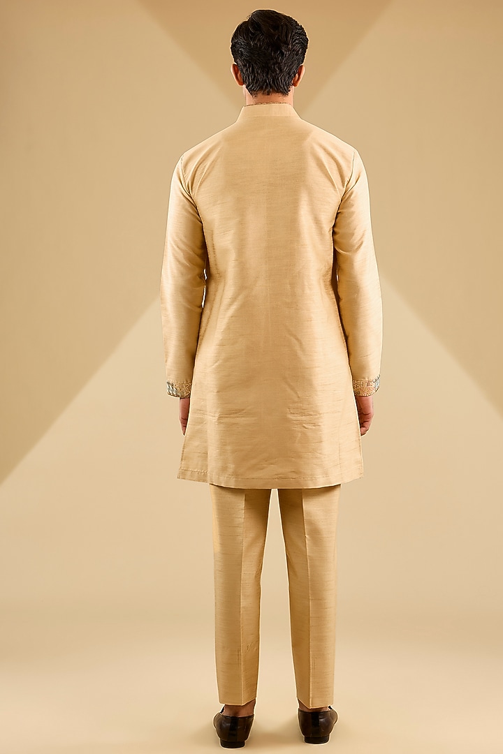 Yellow Jacquard Silk Sequins Embroidered Wedding Indowestern Set by Zoop Men at Pernia's Pop Up Shop