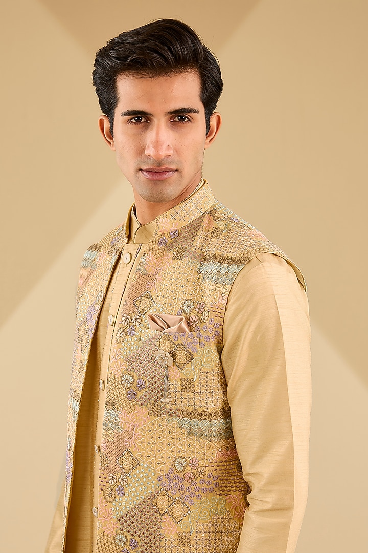Yellow Jacquard Silk Sequins Embroidered Wedding Indowestern Set by Zoop Men at Pernia's Pop Up Shop