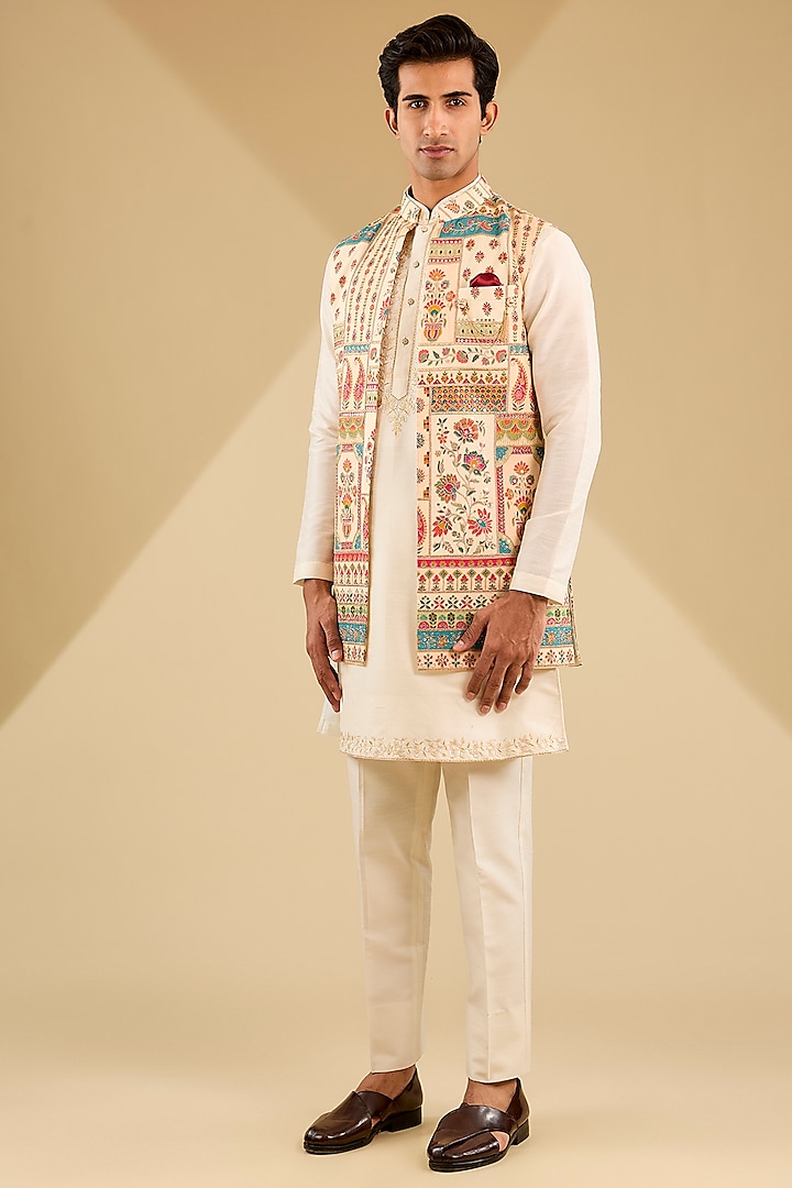 Multi-Colored Jacquard Silk Sequins Embroidered Wedding Indowestern Set by Zoop Men at Pernia's Pop Up Shop