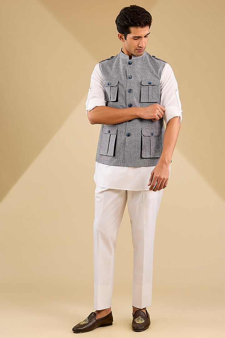 Powder Blue Linen Blend Suiting Bundi Jacket Set by Zoop Men at Pernia's Pop Up Shop