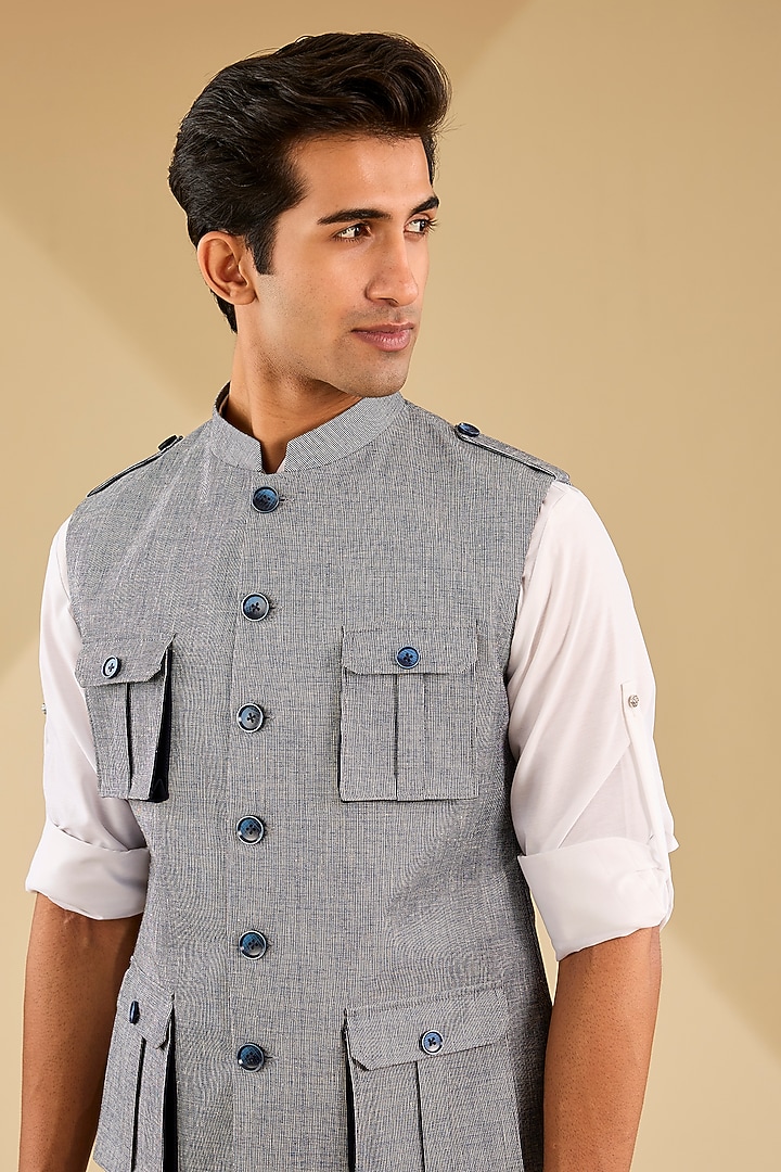 Powder Blue Linen Blend Suiting Bundi Jacket Set by Zoop Men at Pernia's Pop Up Shop