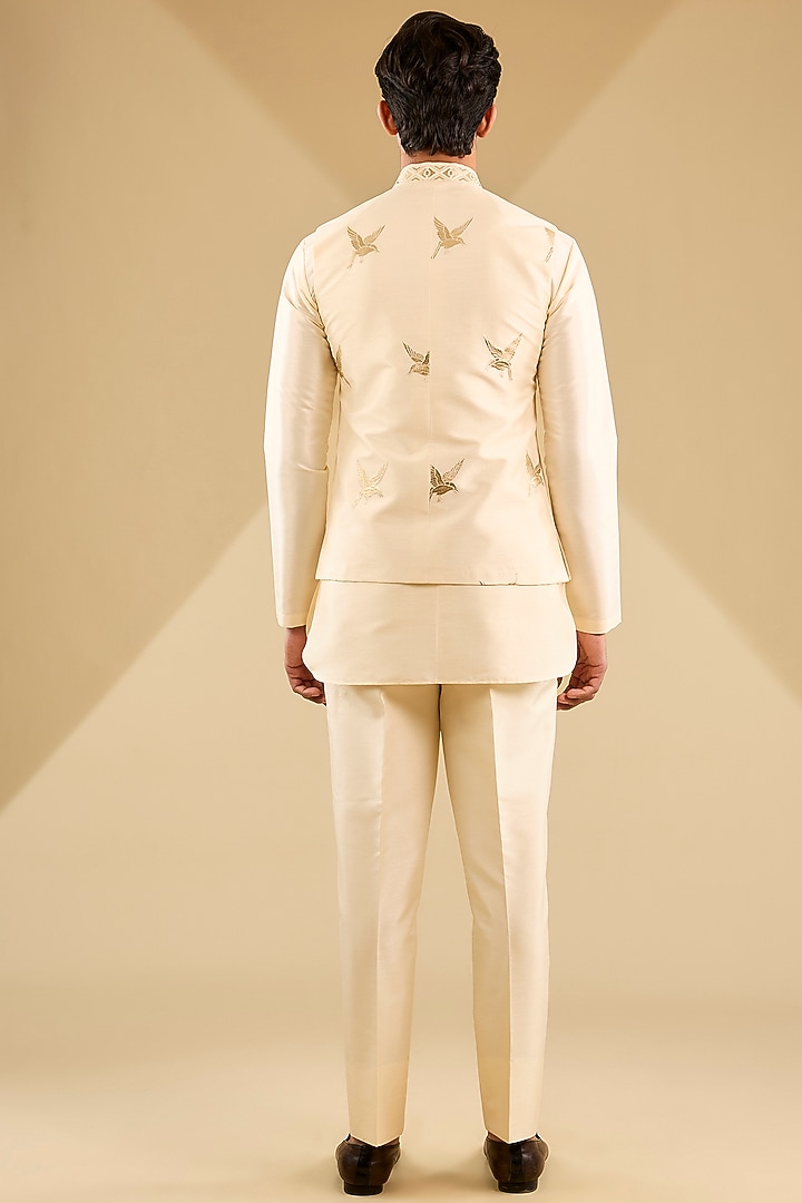 Fawn Cream Jacquard Silk Embroidered Bundi Jacket Set by Zoop Men at Pernia's Pop Up Shop